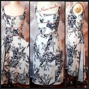 Nan-made Linen 50s Style Dress with Train Red Leather Piping